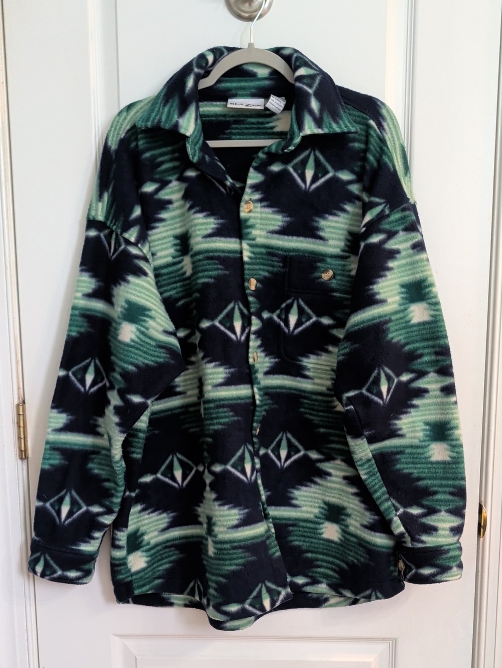 Men's Patterned Green Button-Down Fleece jacket- Casual Layering